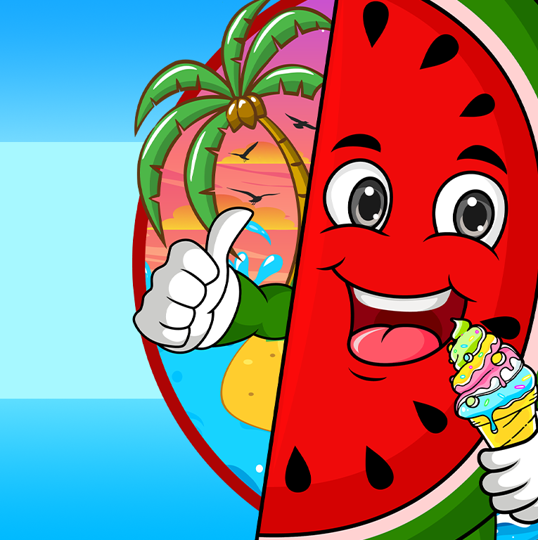 Juicy Fruteria watermelon mascot holding an ice cream cone